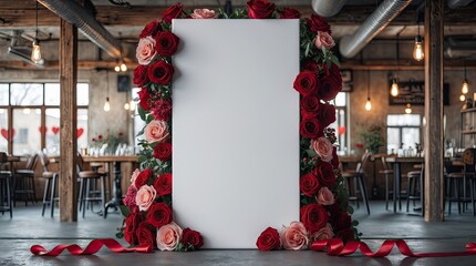 Elegant Blank Poster with Red Rose Floral Frame in Rustic Interior