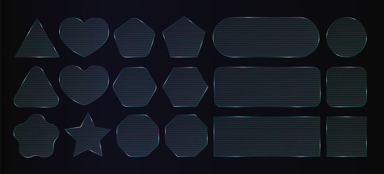 Ribbed glass transparent frame, 3d light overlay effect on dark bg. Plastic corrugated texture plate, fractal pattern square. Crystal rectangle button, hexagon round button. Glossy border tech reflect