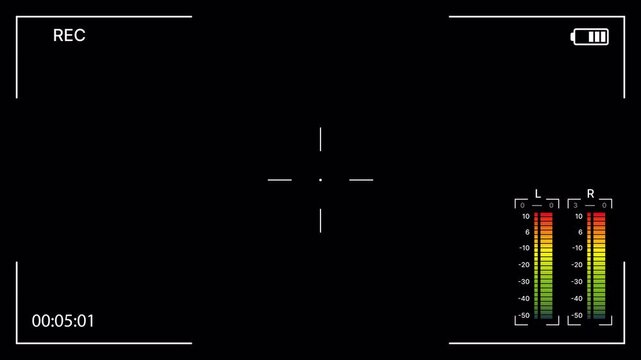 Camcorder recording screen overlay with record, timecode and audio level meter. Videography device&nbsp;focus screen, Camera viewfinder HUD, Filming screen display. Alpha channel. 4K Video