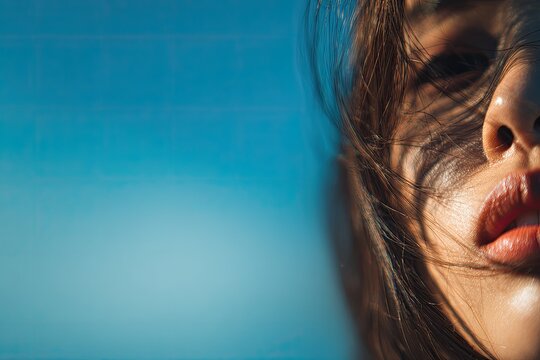 Close-up of a person's face. Focus on mouth and nose with flyaway hair against blue background
