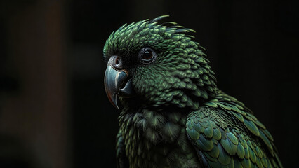 Fototapeta premium Side profile close-up of a green parrot highlighting feather texture, eye detail, and calm expression in low light.
