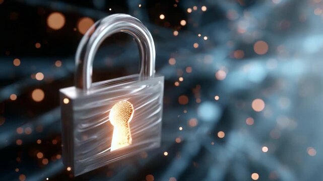 A Glowing Padlock with Keyhole Representing Security and Protection Against Digital Intrusions, Surrounded by a Mystical Background of Shining Particles