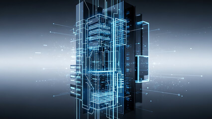 3d rendering of a futuristic server room with glowing blue lines and circuits