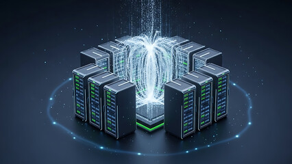 Cluster of dark grey servers with green accents and a glowing light effect in the center, isolated on dark blue background