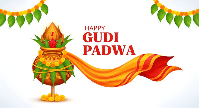 Gudi padwa ugadi chaitra sukhladi hindu new year festival greeting illustration with traditional gudi kalash mango leaves marigold garland flowing cloth isolated background