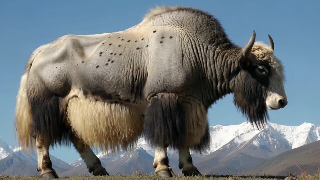 Alpine Yak Snow Mountain Background Close-up Yak Herd Under the Snow Mountain