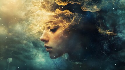 A woman's face is enveloped in a swirling nebula of gold and blue, creating a sense of otherworldly beauty and mystery.