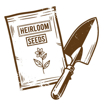 Drawing Vintage grunge  texture Heirloom seeds bag with trowel for gardening and planting flowers and plants