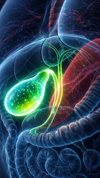Holographic medical anatomy illustration of gallbladder bile duct and digestive system organ showing glowing detailed duct neon educational concept for human body digestion and clinical diagnosis