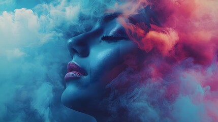 Fototapeta premium A woman's face is partially obscured by colorful smoke, creating a dreamy and ethereal effect.