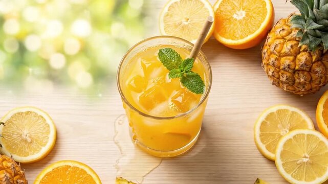Refreshing tropical fruit juice with ice, mint and straw surrounded by fresh pineapple, orange and lemon slices on wooden table