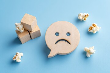 A wooden, sad-faced speech bubble amidst popcorn and blocks on a blue backdrop