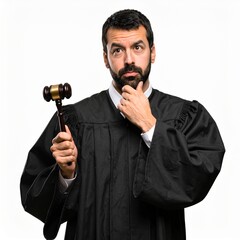 Naklejka premium Thoughtful Judge in Robes Holding Gavel, Contemplating Legal Decisions, Justice System.