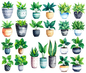 Obraz premium A set of stylish watercolor flowerpots and planter illustrations