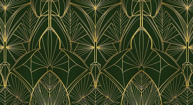 Exquisite Art Deco Pattern A Seamless Geometric Design with Elegant Golden Lines on a Deep Emerald Green Background, Evoking Luxury and Sophistication