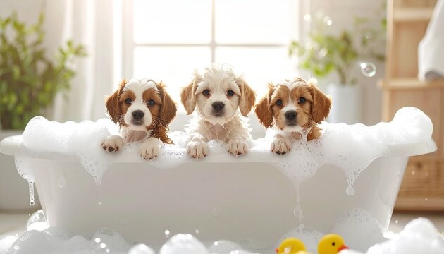 Three adorable puppies enjoying a relaxing bath filled with bubbly foam and playful ducks.
