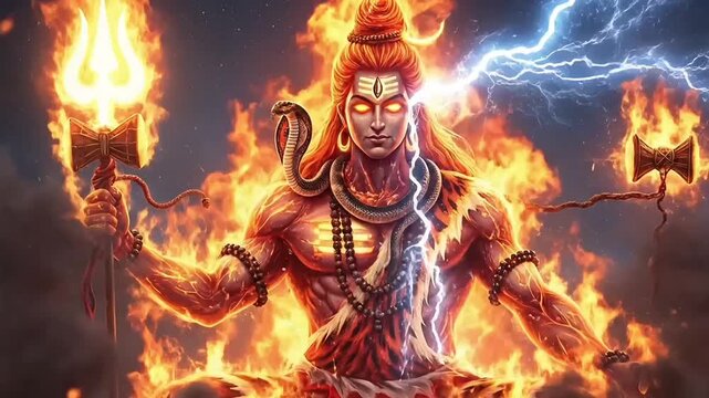 Maha Shivratri animated Lord Shiva fire meditation video with cosmic energy glow for Hindu spiritual worship festival motion background and devotional footage