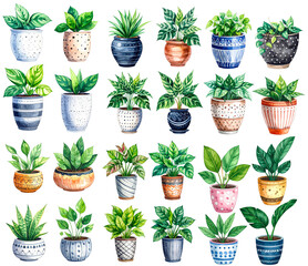 A set of stylish watercolor flowerpots and planter illustrations