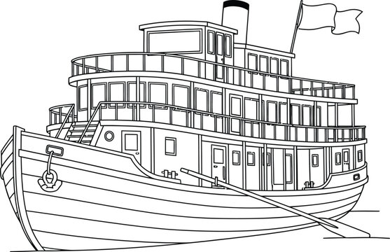 Line drawing of a traditional multilevel steamboat with a smokestack and flag.