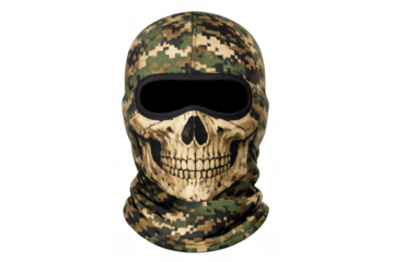 Camouflage balaclava with skull face graphic, tactical headwear for protection, military gear, war and intimidation concept