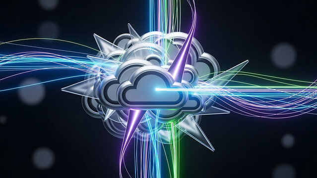 Silver cloud with spikes and neon light rays on dark background, approximately 190 characters long title