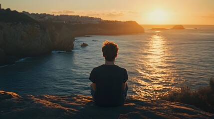 A young man sits on a cliff overlooking the ocean at sunset. The sun is setting in the distance, casting a golden glow on the water.