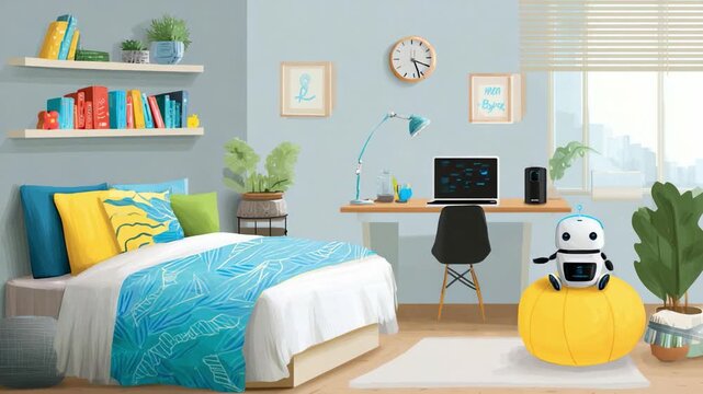 A Cozy and Modern Bedroom Environment Featuring a Cute Robot Companion Relaxing on a Yellow Bean Bag Chair Next to a Stylish Wooden Desk and Plants