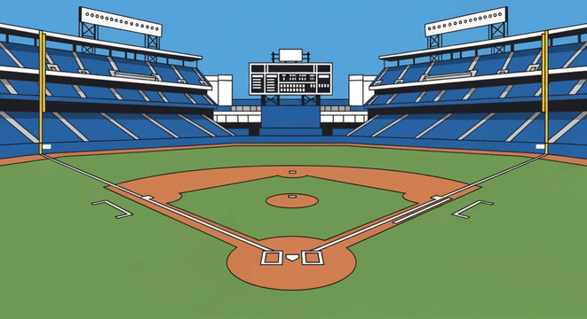 Vibrant cartoon baseball stadium with a clear blue sky, showcasing the field, home plate, and grandstands filled with blue seats.