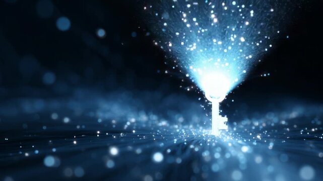 A glowing key emerges from a swirl of shimmering particles, symbolizing unlocking potential and new opportunities in a captivating digital landscape.