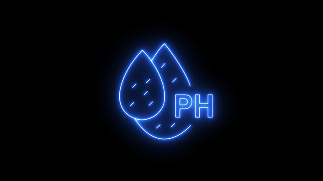Blue neon ph icon with two drops representing liquid and acid base balance, science research and chemical testing, isolated on a dark background