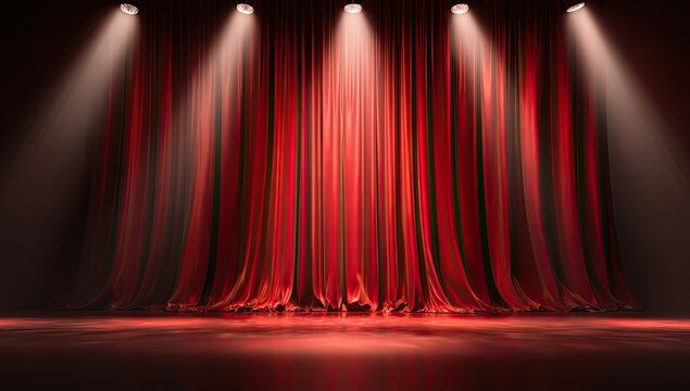 Stage curtains, illuminated by spotlights, creating a vibrant red scene
