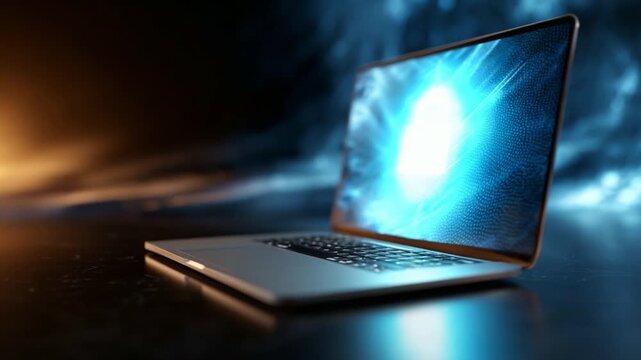 A sleek laptop computer displaying a glowing lock symbol on the screen, representing advanced cybersecurity and digital protection in a futuristic setting.