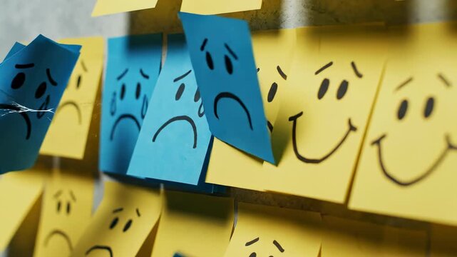 Emotional Spectrum: A conceptual representation of contrasting emotional states is depicted through vibrant sticky notes, symbolizing both moments of sorrow and joy.
