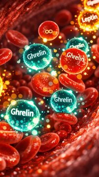 Leptin Ghrelin Hormone Medical Biology Concept With Blood Vessel Red Cell Molecule Metabolism Science Healthcare Circulation Obesity Appetite Control Energy Illustration