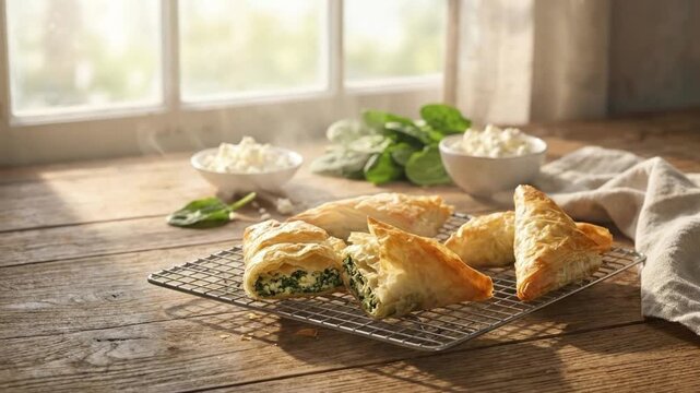 Freshly baked spinach and feta phyllo pastries cooling on a wire rack with steam rising on a rustic wooden table by a window