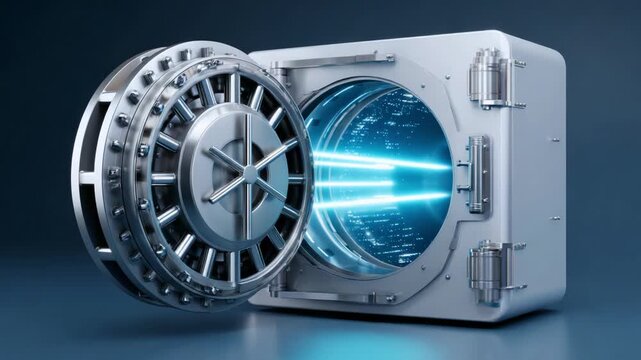 A sleek, modern safe with a partially opened door revealing bright blue light and intricate mechanisms, showcasing advanced security technology and design.