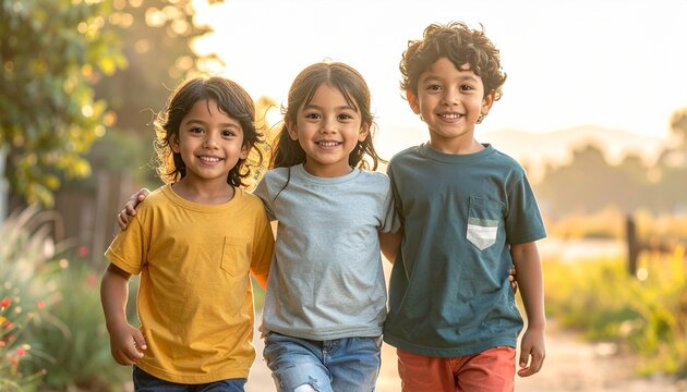 Three smiling children happily posing together outdoors in a sunny environment, embracing friendship.