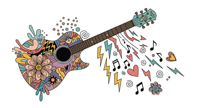 Psychedelic acoustic guitar with vibrant, hand-drawn hippie-style doodles, emitting a stream of musical notes, hearts, and lightning bolts.