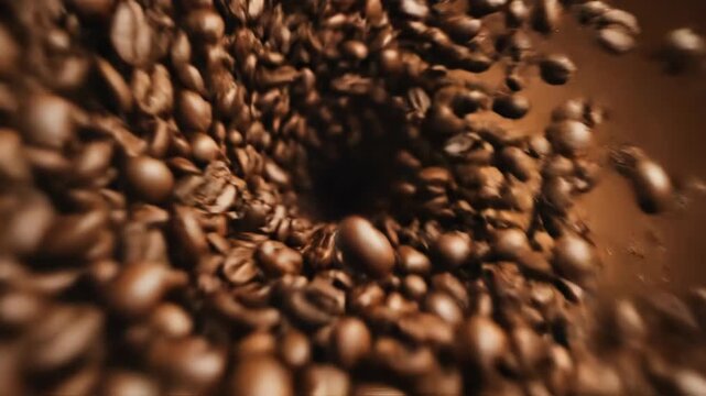 Brown coffee beans swirling into a dark hole in a mesmerizing pattern 4k video