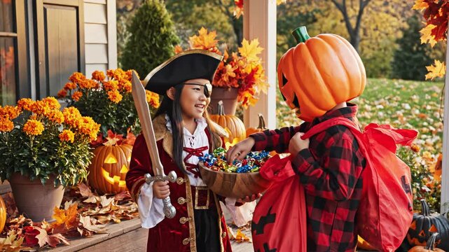 Child in pirate costume with Halloween decorations