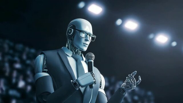 A futuristic robot wearing a suit speaks into a microphone during a professional presentation, symbolizing artificial intelligence, innovation, and the future of business communication.