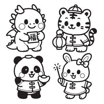 Cute cartoon dragon tiger panda rabbit in traditional outfit celebrate luck