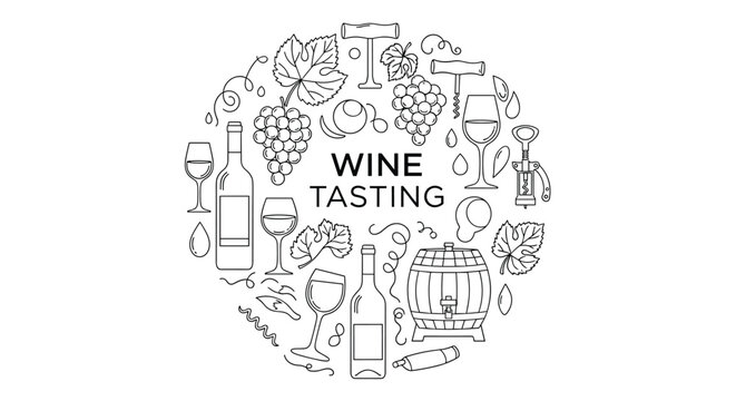 Circular arrangement of wine-related line art icons including grapes, bottles, glasses, and corkscrews for a tasting event.