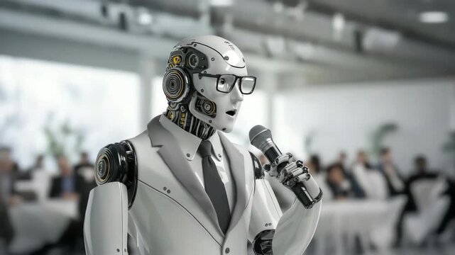 A futuristic robot wearing a suit speaks into a microphone during a professional presentation, symbolizing artificial intelligence, innovation, and the future of business communication.