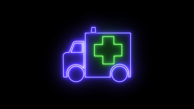 Purple and green neon ambulance icon glowing brightly on a black background, symbolizing urgent medical emergency services and modern digital healthcare, a vibrant illustration for first aid concepts.
