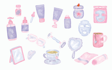 Watercolor illustration set of self care routine items for daily wellness and relaxation. Suitable for planners, journals, lifestyle brands, and mental health content with a soft and cozy aesthetic.