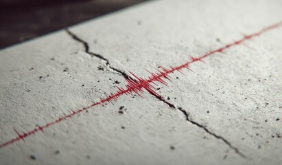 Close-up of seismograph recording, showing seismic activity and ground cracking on paper