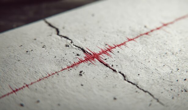 Close-up of seismograph recording, showing seismic activity and ground cracking on paper