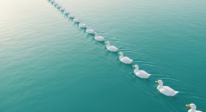 A long line of white ducks swimming in single file across calm turquoise water.