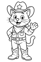 Smiling cartoon cat dressed as cowboy isolated on white background